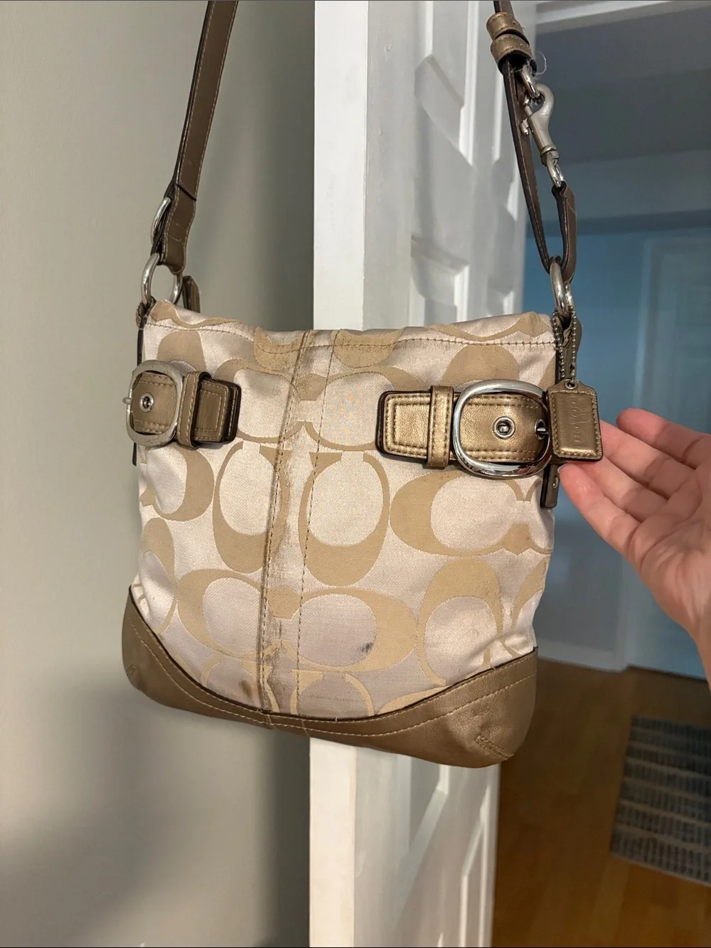 Coach Beige Signature Shoulder Bag with Buckle Accents and hang tag. - Picture 2 of 8